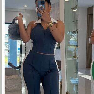 High-Waist Navy Contrast Side-Stripe Pant set